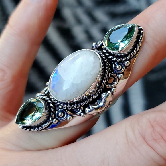 New Rainbow Moonstone & Green Amethyst 925 Silver Statement Ring. - Picture 3 of 15